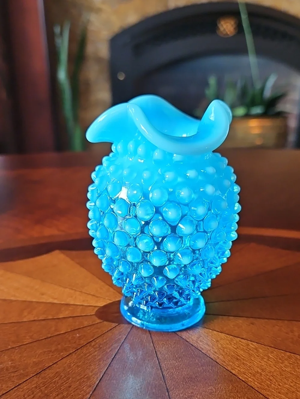 Vintage Fenton Blue Opalescent Hobnail Crimped Ruffled Glass  Miniature Vase